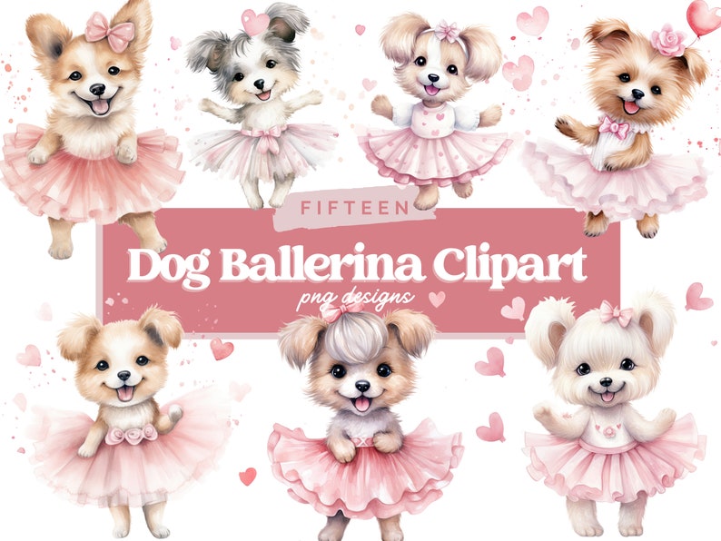 May include: A set of ten digital illustrations of dogs dressed as ballerinas. The dogs are wearing pink tutus and have pink bows in their hair. The illustrations are in a watercolor style and have a whimsical feel.