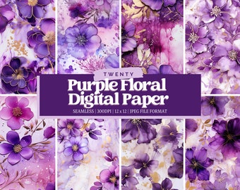 Purple Floral Digital Paper, Journal Paper, Web Background, Commercial Use, Digital Paper Bundle, Scrapbook Paper, Craft Paper, Clipart