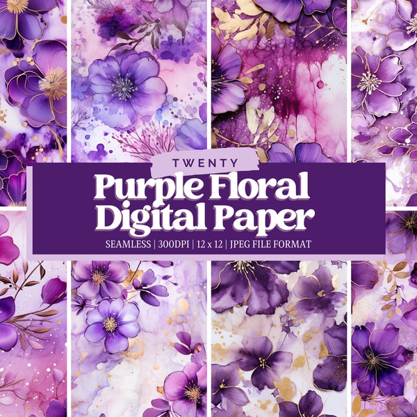 Purple Floral Digital Paper, Journal Paper, Web Background, Commercial Use, Digital Paper Bundle, Scrapbook Paper, Craft Paper, Clipart