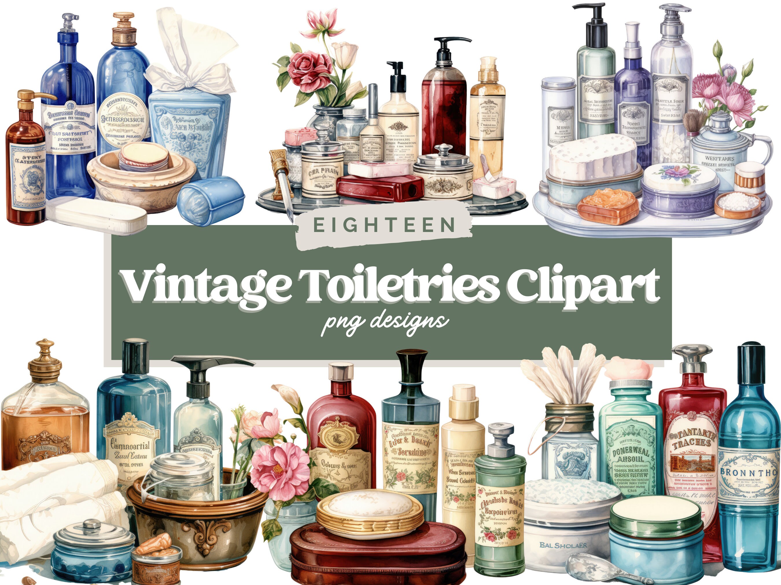 Watercolor Vintage toiletries clipart, 15 high quality PNG files, beauty clip art, make up cosmetics, printables, makeup clipart