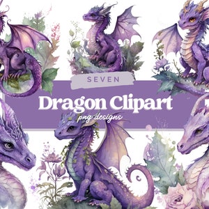 Imágenes Prediseñadas de dragón púrpura, PNG, uso comercial completo, imágenes prediseñadas de fantasía, imágenes prediseñadas de dragón de acuarela, imágenes prediseñadas de acuarela con descarga instantánea