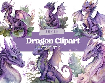 Purple Dragon Clipart, PNG, Full Commercial Use, Fantasy Clipart, Watercolor Dragon Clipart, Watercolor Clipart with Instant Download