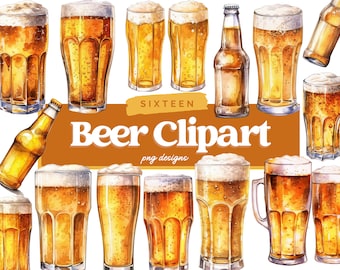 Watercolor Beer Clipart, Watercolor Beer Glass PNG, Beer Sublimation, Pint, Glass of Beer, Junk Journal, Digital Planner, Commercial Use