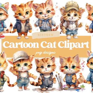 Cartoon Cat Watercolor Clipart, Cute Baby Shower Graphics, Nursery Decor Wall Art, Animal PNG, Commercial Use, Instant Download, Cat PNG