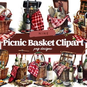Watercolor Picnic Basket Clipart, Picnic Clipart, Picnic Basket Digital Illustration, Picnic PNG, Commercial Use Clipart, Scrapbooking