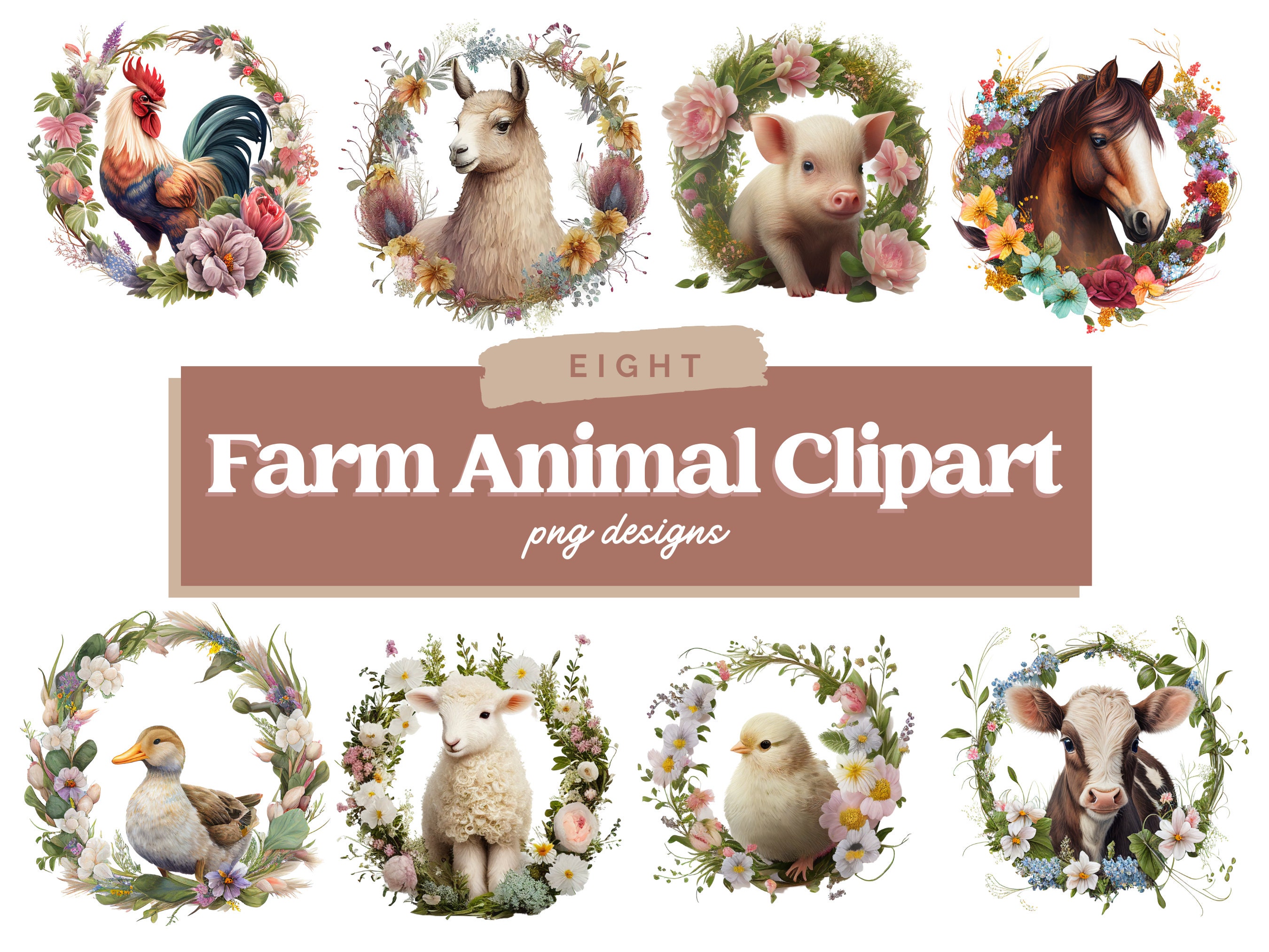 Farm Animals PNG | Floral Wreath Farm Animals PNG | Cute Farm Animal ...