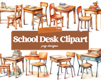 Aquarelle School Desk Clipart Bundle, Desk PNG, Apprentissage, Éducation, Retour à l’école, Étude, Junk Journal, Scrapbooking, Téléchargement instantané