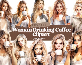 Watercolor Woman Drinking Coffee PNG Clipart, Woman Png, Coffee Graphics, Lady PNG, Watercolor Clipart, Commercial Use, Coffee Sublimation
