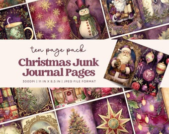 Purple Christmas junk journal page, Vintage Merry Christmas Junk Journal Pages, Santa Scene Junk Journal Printable Paper, Digital Collage