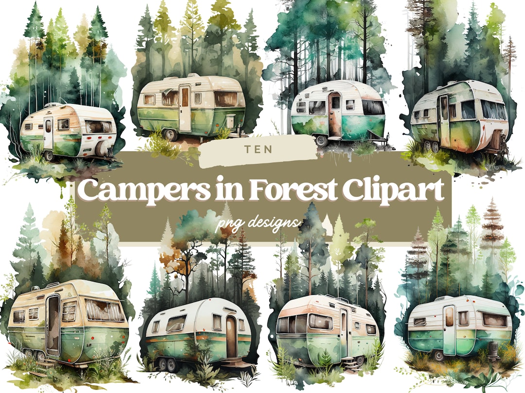 Watercolor Camping Clipart Bundle, Camping in Forest Clipart ...