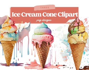 Può includere: Tre illustrazioni ad acquerello di coni gelato con gelato che cola. I coni sono su uno sfondo bianco con schizzi di acquerello colorati. I gusti del gelato sono arcobaleno, cioccolato e vaniglia.