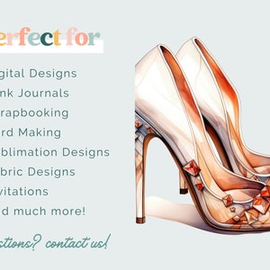May include: A pair of high-heeled shoes with a white base and orange accents. The shoes have a pointed toe and are decorated with rhinestones.