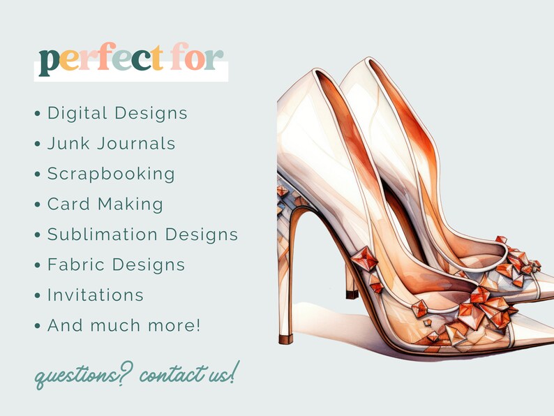 May include: A pair of high-heeled shoes with a white base and orange accents. The shoes have a pointed toe and are decorated with rhinestones.