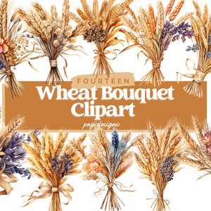 Watercolor Wheat Bouquet Clipart Bundle, Wheat PNG, Wheat Sublimation, Bouquet PNG, Commercial Use, Instant Download, Wheat Graphics