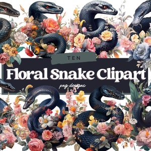 Aquarela floral cobra PNG clipart, pacote de ilustração de uso comercial, pacote de design digital, serpente PNG, cobra PNG, sublimação de cobra