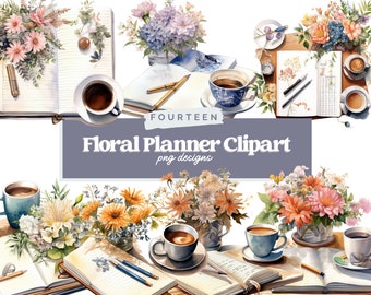 May include: Watercolor clipart set of floral arrangements, open journals, and cups of coffee. The set includes a variety of flowers, including roses, daisies, and hydrangeas. The journals are open to blank pages, and the cups of coffee are filled with a dark brown liquid. The set is perfect for adding a touch of whimsy and elegance to your digital designs.