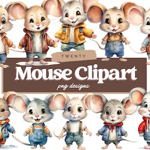 Paquete de imágenes prediseñadas de ratón, PNG de ratón, ratón de dibujos animados, imágenes prediseñadas de acuarela, ilustraciones de uso comercial, diseño digital, imágenes prediseñadas, ratones lindos