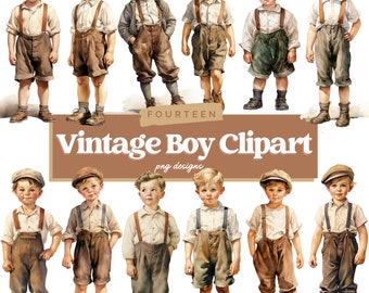 Watercolor Vintage Boy PNG Clipart, Digital Designs, Vintage Boy Sublimation, Commercial Use, Images for Scrapbooking, Digital Planner