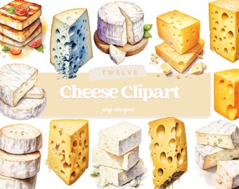 May include: Twelve watercolor illustrations of different types of cheese, including brie, cheddar, and blue cheese. The illustrations are arranged in a collage style and are labeled "Cheese Clipart".