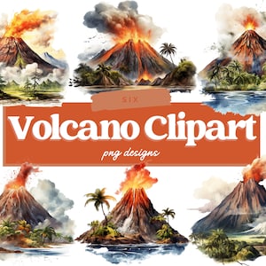 Volcano Clipart Bundle, PNG, Watercolor Volcano, Lava, Mountain, Erupting Volcano, Commercial Use, Landscape, Sublimation, Digital Download