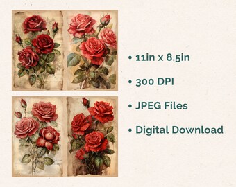 ダージリンページ★写真の60冊 Red Roses Botanicals Junk Journal Pages, Digital Download