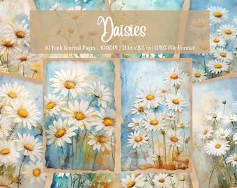 May include: Ten digital printable pages featuring watercolor illustrations of white daisies with yellow centers on a blue background. The text "Daisies" is at the top of the image. The text "10 Junk Journal Pages | 300DPI | 11 in x 8.5 in | JPEG File Format" is below the title.