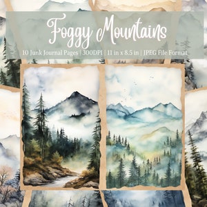 Pagine del diario spazzatura di Foggy Mountain, kit di carta per album digitale, stampabile, foglio di collage, oggetti effimeri vintage, paesaggio, sfondo, kit digitale