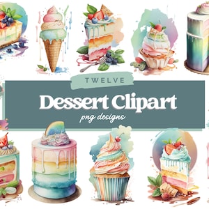 May include: A set of twelve watercolor illustrations of various desserts, including cupcakes, cakes, ice cream cones, and cheesecakes. The desserts are decorated with colorful frosting, sprinkles, and fruit. The illustrations are set against a white background with watercolor washes.