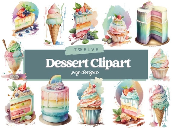 Watercolor Dessert Clipart, Dessert Clipart PNG, Digital Clipart, Pastel Dessert Clipart, Dessert Clipart Bundle, Commercial Use