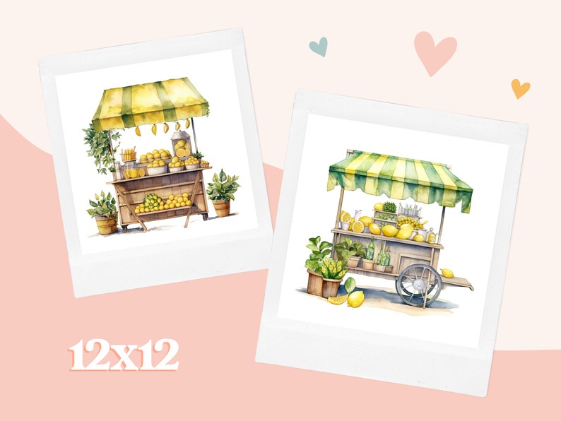 Pu&ograve; includere: Due illustrazioni ad acquerello di bancarelle di limonata con limoni gialli, piante verdi e un baldacchino a strisce. Le bancarelle sono su ruote e hanno una struttura in legno. Il testo "12x12" &egrave; stampato sotto le immagini.