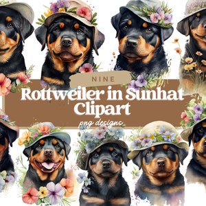 May include: Nine digital illustrations of Rottweilers wearing various floral sunhats. The Rottweilers are depicted in a watercolor style with a brown background.