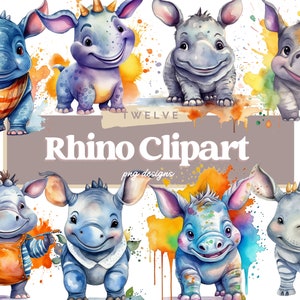Rhino Watercolor Clipart, Rhino PNG, Cute Baby Shower Graphics, Nursery Decor Wall Art, Animal PNG, Commercial Use, Instant Download