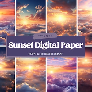 Pode incluir: Vinte designs de papel digital com pores do sol sobre um mar de nuvens. As imagens têm uma resolução de 300 DPI e medem 12 polegadas por 12 polegadas. O formato do arquivo é JPEG.