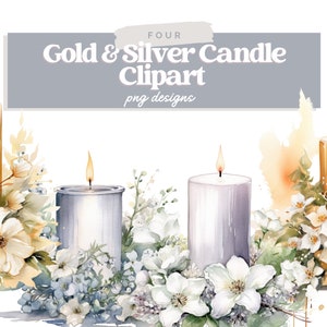 Aquarell Gold und Silber PNG Kerze Clipart Bundle, Blumenkerze PNG, Kerzensublimation, Aquarell Blumenkerze, kommerzielle Nutzung