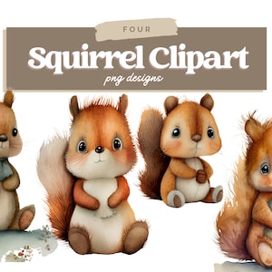 Squirrel Watercolor Clipart, Cute Baby Shower Graphics, Nursery Decor Wall Art, Animal PNG