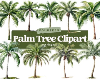 Watercolor Palm Tree PNG Clipart Bundle, Tropical PNG, Commercial Use, Digital Download, Palm Tree Sublimation, Images for Scrapbooking