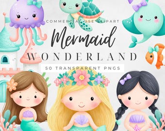 Clipart di sirena carina, PNG di sirena, Sotto il mare, Animali marini, Code di sirena, Cavalluccio marino, Delfino, Conchiglia, Stella marina, Uso commerciale