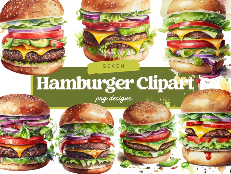 Op de afbeelding: Zeven aquarel illustraties van hamburgers met verschillende toppings, waaronder sla, tomaat, ui, kaas en augurken. De tekst "Hamburger Clipart" en "png designs" wordt onder de afbeeldingen weergegeven.