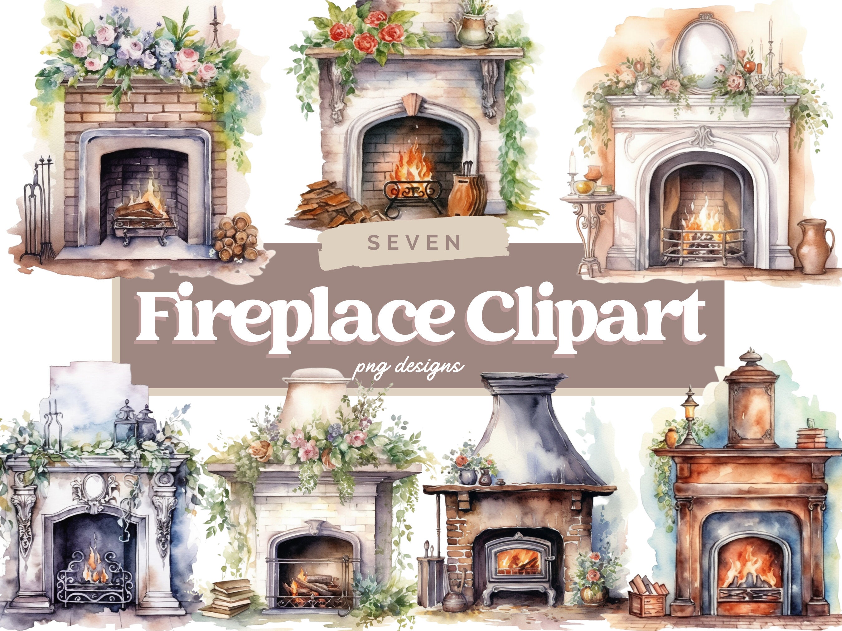 Watercolor Fireplace Clipart, Vintage Fireplace, Retro Fireplace, Cottage Fireplace, Commercial Use, Instant Download, Fireplace Sublimation