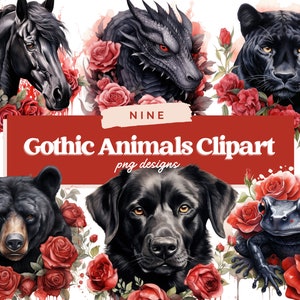 Gothic Animals Watercolor Clipart, Black Animal clipart, Gothic Watercolor clipart image files, Paper craft - Junk Journal, Scrapbooking