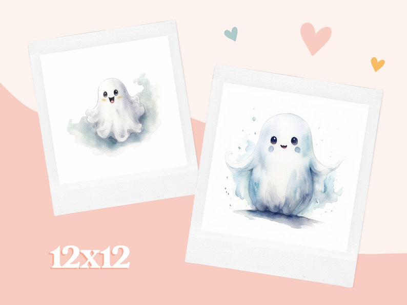 Peut inclure: Deux illustrations &agrave; l'aquarelle de jolis fant&ocirc;mes avec des visages heureux. Les fant&ocirc;mes sont blancs et bleus avec un fond aquarelle. Les images sont encadr&eacute;es dans un cadre Polaroid blanc. Le texte "12x12" est imprim&eacute; sous les images.