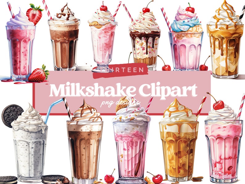 May include: A collection of 10 colorful milkshake clipart images. The milkshakes are in various flavors and toppings, including chocolate, strawberry, vanilla, and caramel. The images are perfect for use in digital projects, such as websites, social media, and printables.