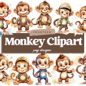 Pacchetto di clipart scimmia, PNG soldi, scimmia dei cartoni animati, clipart acquerello, uso commerciale, illustrazioni, progettazione digitale, clip art, scimmie carine