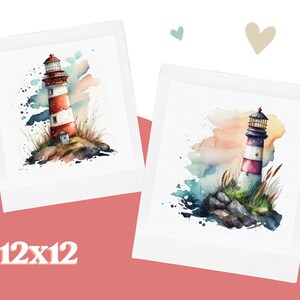 May include: Two watercolor paintings of lighthouses on a white background. The lighthouses are red and white with black accents. The paintings are framed in white frames. The text "12x12" is printed below the paintings.