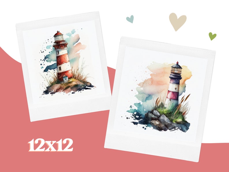 May include: Two watercolor paintings of lighthouses on a white background. The lighthouses are red and white with black accents. The paintings are framed in white frames. The text "12x12" is printed below the paintings.
