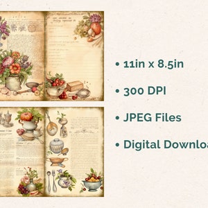 May include: Two vintage-style pages with a watercolor illustration of a still life featuring fruit, flowers, and kitchen utensils. The pages are decorated with a distressed background and handwritten text. The image is 11 inches by 8.5 inches and 300 DPI.