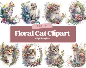 Floral Cat Clipart - Fairytale Cat Clipart, Fantasy Kitten Clipart, Watercolour, Instant Download, Full Commercial Use, PNG Clipart
