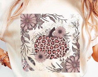Leopardmönstrad pumpa PNG, Boho blommig höstdesign (digital nedladdning)