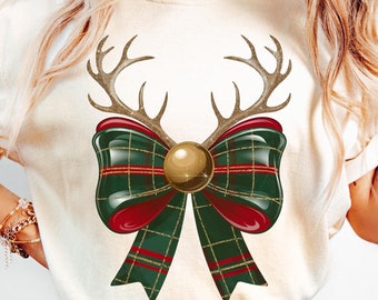 Reindeer Bow PNG, Christmas Plaid Antlers, Coquette Holiday Shirt Design, Sublimation Download