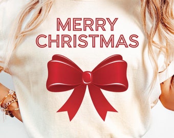 Merry Christmas Red Bow PNG, Coquette Ribbon Lettering Shirt Digital Download